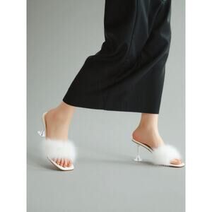 Women Sandals LIURUIJIA Women Square Toe Faux Fur Sandals‎ Size 40 (8.5) White